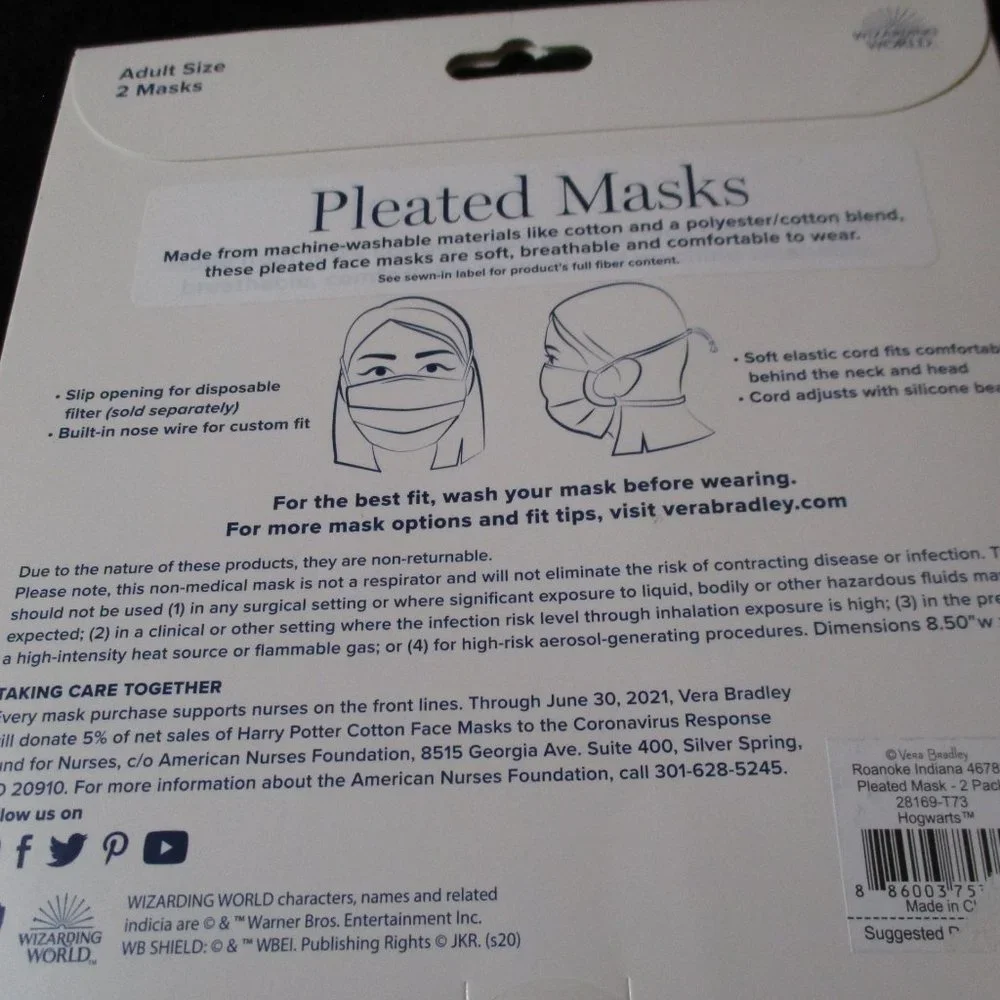 Vera Bradley Harry Potter Adult Size Pleated Masks Set of Two NEW